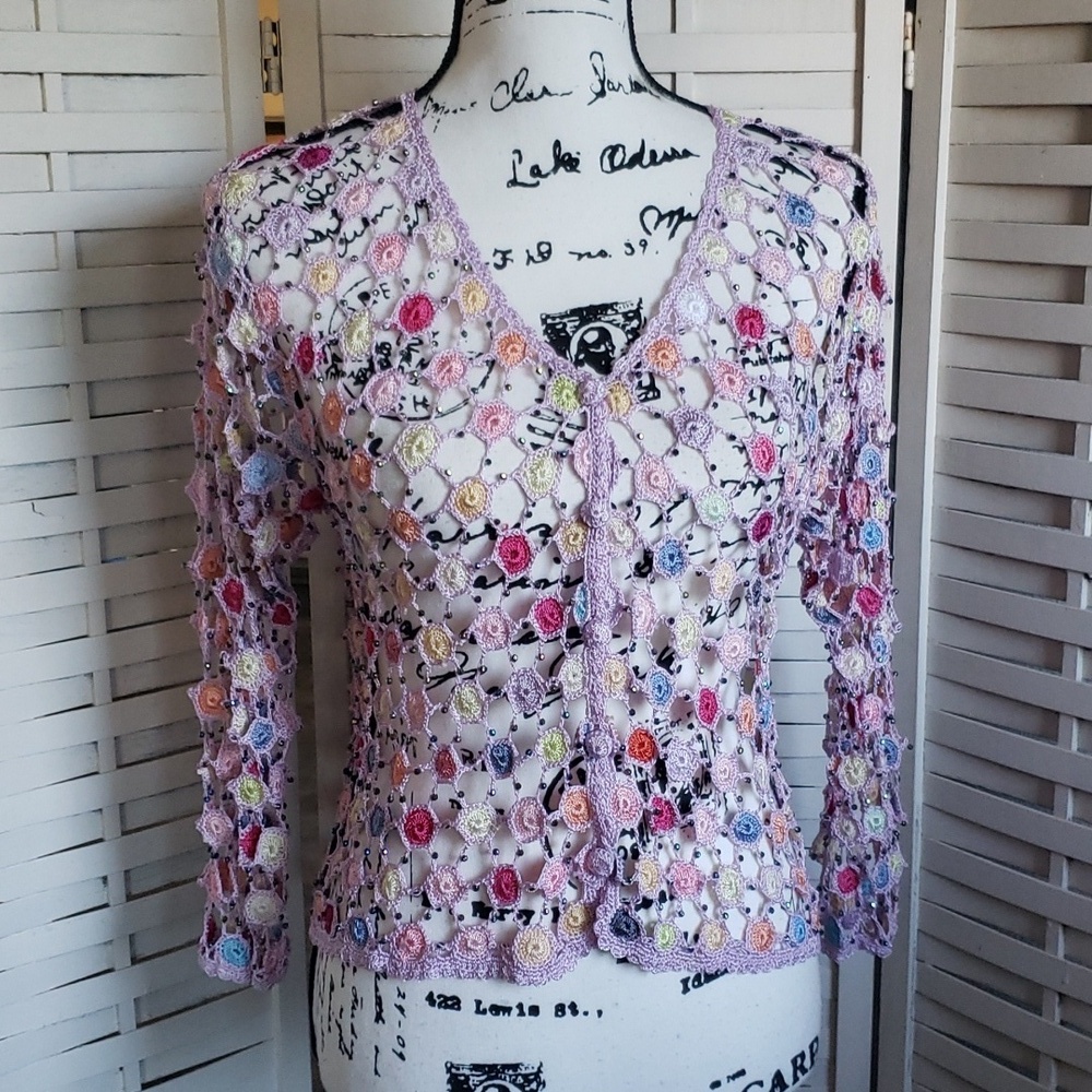 Handmade multicolor button down crochet v-neck long sleeve women's sweater